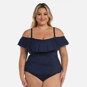 La Blanca NWT 18W Island Goddess Off-Shoulder Ruffle One-Piece Swimsuit Navy